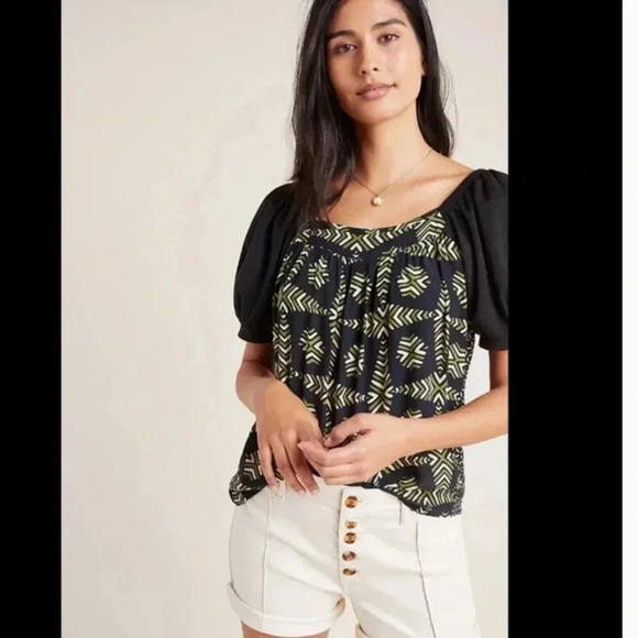 Anthropologie Tops - Anthropologie Maeve Black Green Catania Puff Sleeve Top Size XS